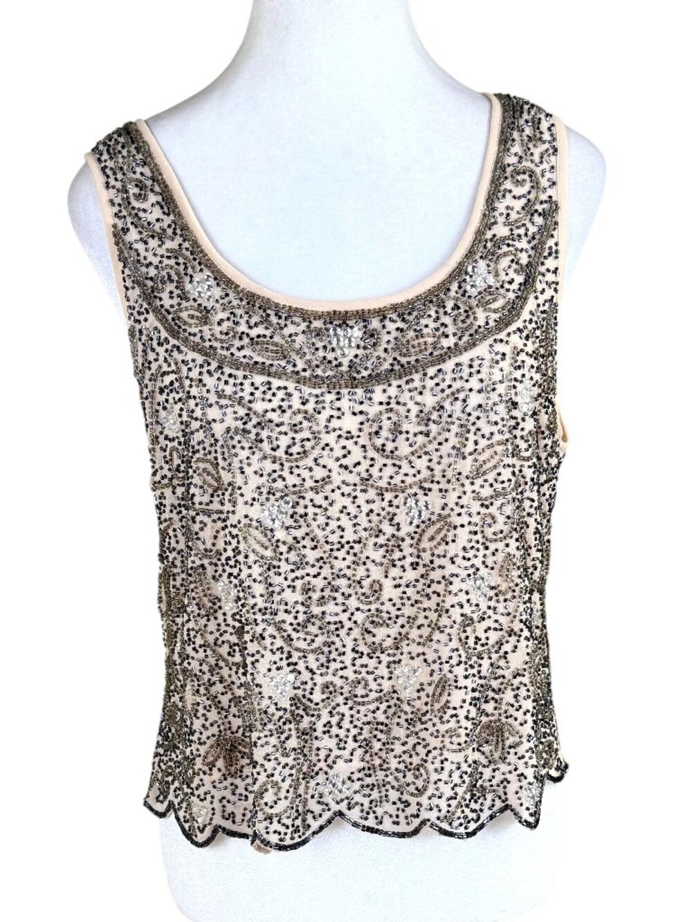 Topshop Beaded Top Art Deco Gatsby Beige Black Scalloped Hem (8)